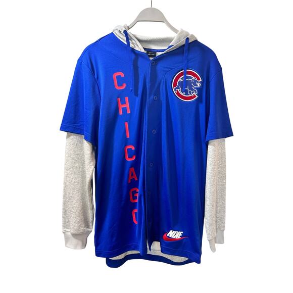 Nike Dri-Fit Mens Royal Chicago Cubs Jersey Button-Up Hoodie Blue Gray SZ Medium - Picture 2 of 15